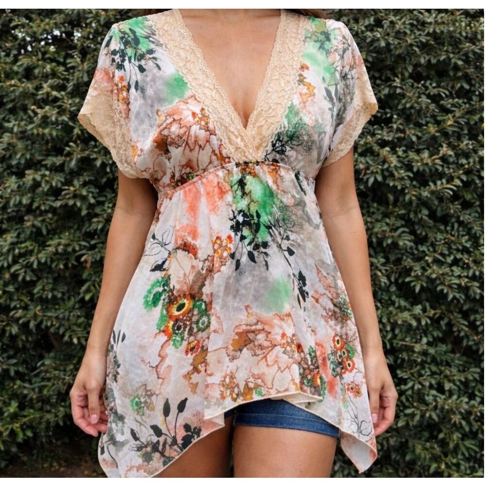 Blue Sketch Vintage Y2K Floral Boho V-Neck Babydoll Top USA Made Small Fairy